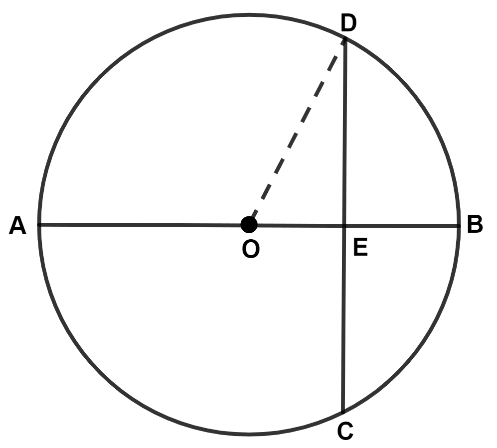 The figure, given below, shows a circle with center O in which diameter AB bisects the chord CD at point E. If CE = ED = 8 cm and EB = 4 cm, find the radius of the circle. Circle, Concise Mathematics Solutions ICSE Class 9.