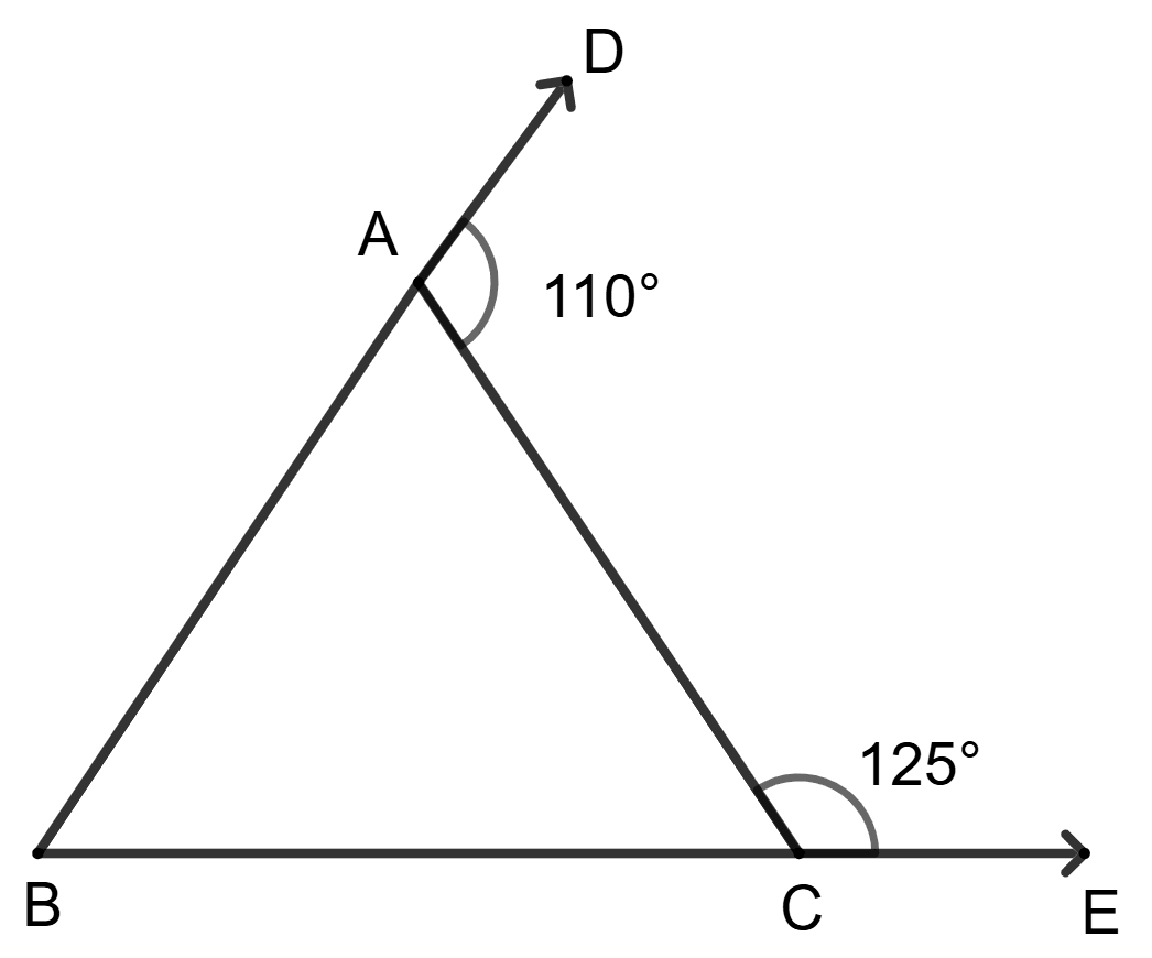 Side BA is produced upto point D and side BC upto point E such that ∠DAC = 110° and ∠ACE = 125°. Then the largest side of the triangle ABC is. Isosceles Triangles, Concise Mathematics Solutions ICSE Class 9.