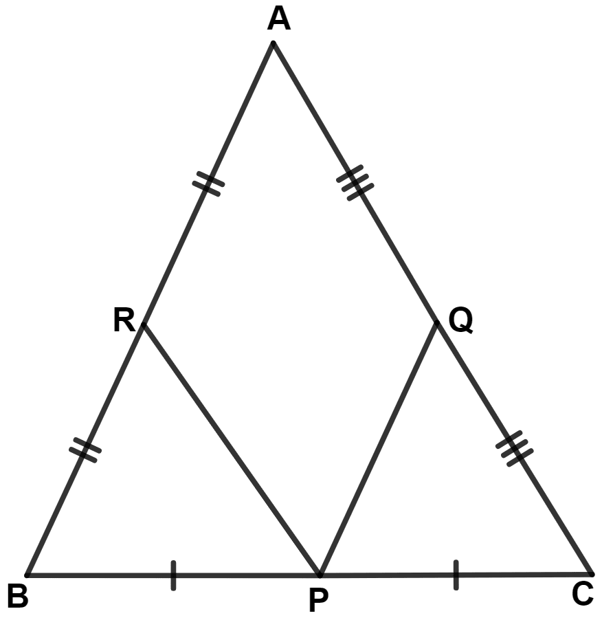 In the given figure, AB = AC, P, Q and R are mid-points of sides BC, CA and AB respectively, then △ PQR is : Mid-point Theorem, Concise Mathematics Solutions ICSE Class 9.