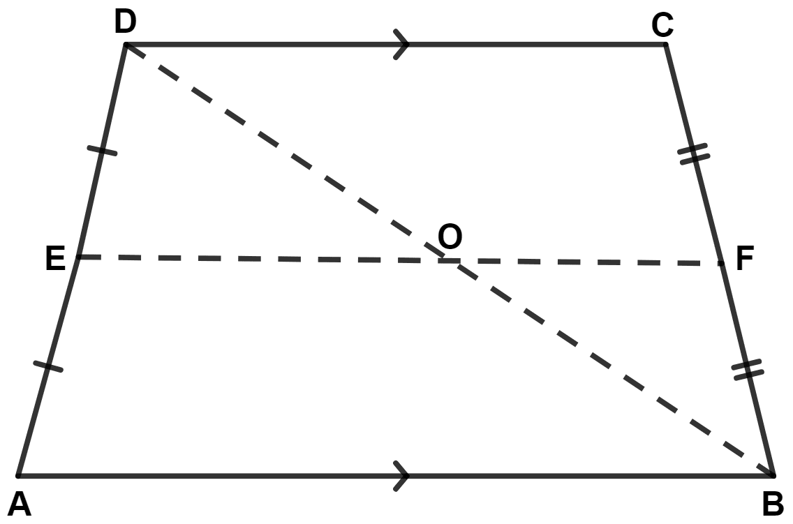 In the quadrilateral ABCD, if AB // CD, E is mid-point of side AD and F is mid-point of BC. If AB = 20 cm and EF = 16 cm, the length of side DC is : Mid-point Theorem, Concise Mathematics Solutions ICSE Class 9.