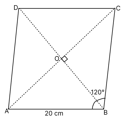 In rhombus ABCD, angle ABC = 120° and length of its each side is 20 cm. The length of diagonal BD = 20 cm. Solution of Right Triangles, Concise Mathematics Solutions ICSE Class 9.