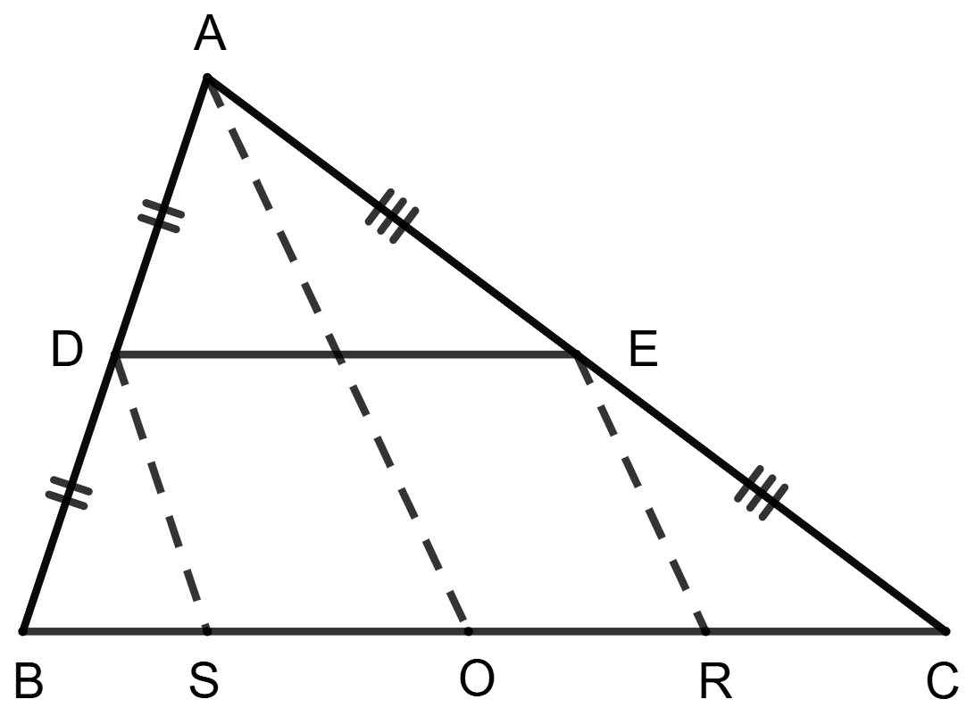 R, S, D and E are mid-points of OC, OB, AB and AC respectively, then DERS is a parallelogram.DS ∥ AO ∥ ER and DS = ER = 1/2 AO. Mid-Point Theorem, Concise Mathematics Solutions ICSE Class 9.