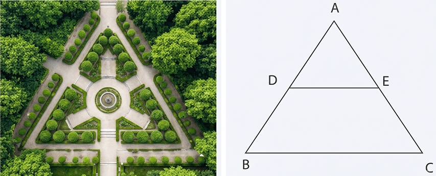 A school designing a triangular garden △ABC. To construct a walking path inside the garden, the gardener marks the mid-points of two sides: point D is the mid-point of side AB and point E is the midpoint of side AC. The path DE is drawn to connect these mid-points. The length of side BC of the triangular garden is 12 m, AB = 10 m and AC = 10 m. Mid-point Theorem, Concise Mathematics Solutions ICSE Class 9.