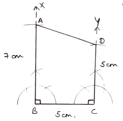 Construct a quadrilateral ABCD with AB = 7 cm, BC = CD = 5 cm and ∠ABC = ∠BCD = 90°. Construction of Polygons, Concise Mathematics Solutions ICSE Class 9.