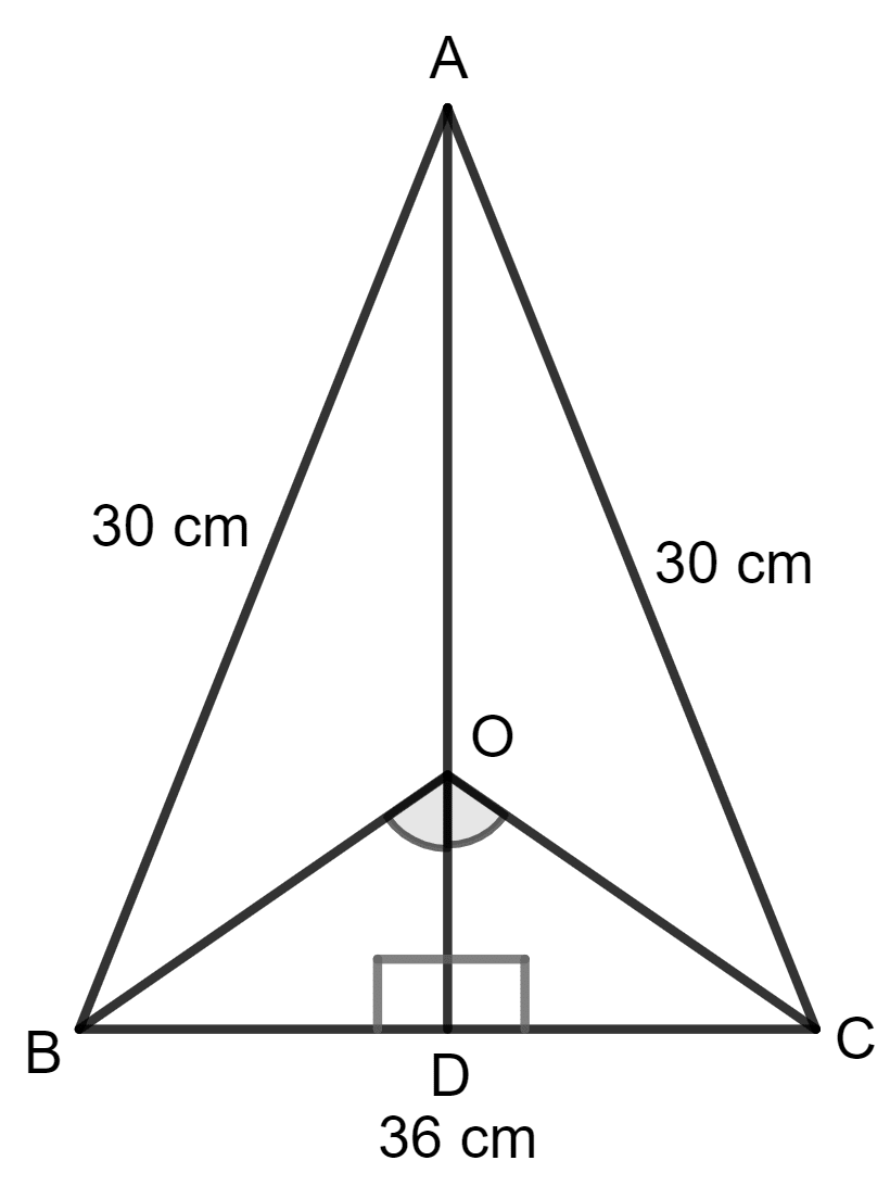 AD is altitude of an isosceles triangle ABC in which AB = AC = 30 cm and BC = 36 cm. A point O is marked on AD in such a way that ∠BOC = 90°. Find the area of quadrilateral ABOC. Area and Perimeter of Plane Figures, Concise Mathematics Solutions ICSE Class 9.