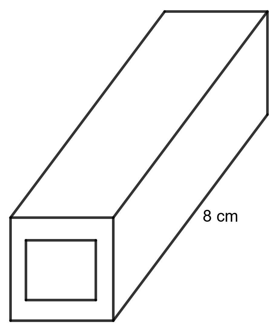 A hollow square-shaped tube open at both ends is made of iron. The internal square is of 5 cm side and the length of the tube is 8 cm. Solids, Concise Mathematics Solutions ICSE Class 9.