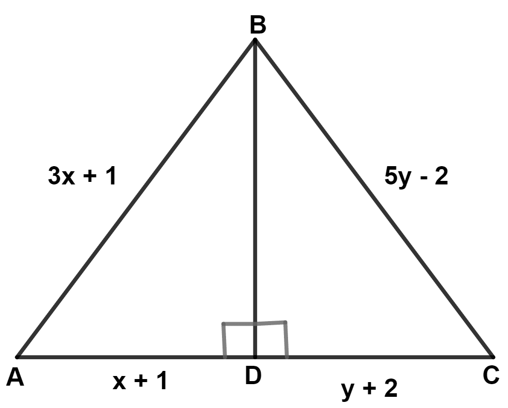 In the triangle ABC, BD bisects angle B and is perpendicular to AC. If the lengths of the sides of the triangle are expressed in terms of x and y as shown, find the values of x and y. Isosceles Triangles, Concise Mathematics Solutions ICSE Class 9.