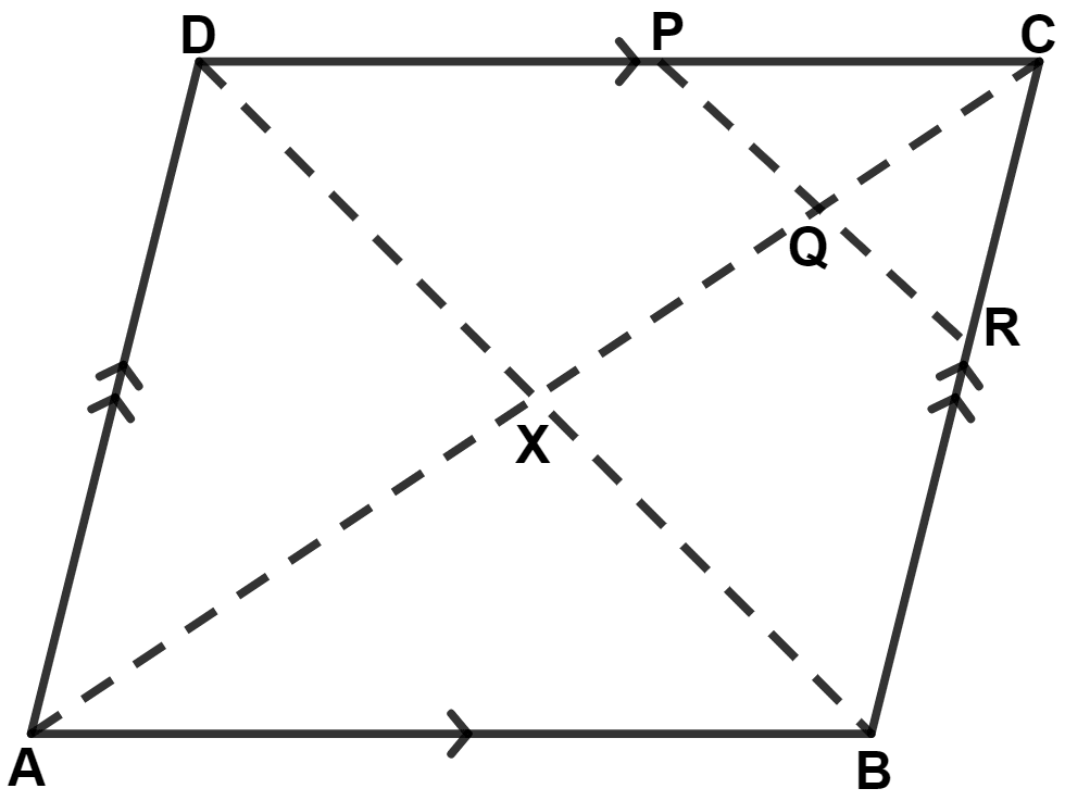 A parallelogram ABCD has P the mid-point of DC and Q a point of AC such that CQ = 1/4AC. PQ produced meets BC at R. Mid-point Theorem, Concise Mathematics Solutions ICSE Class 9.