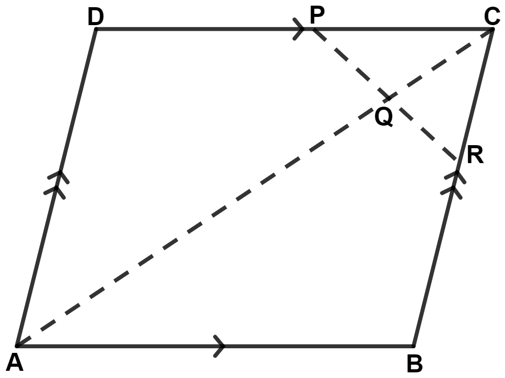 A parallelogram ABCD has P the mid-point of DC and Q a point of AC such that CQ = 1/4AC. PQ produced meets BC at R. Mid-point Theorem, Concise Mathematics Solutions ICSE Class 9.