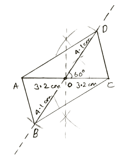 Diagonal AC = 6.4 cm, diagonal BD = 8.2 cm and angle between the diagonals = 60°. Construction of Polygons, Concise Mathematics Solutions ICSE Class 9.