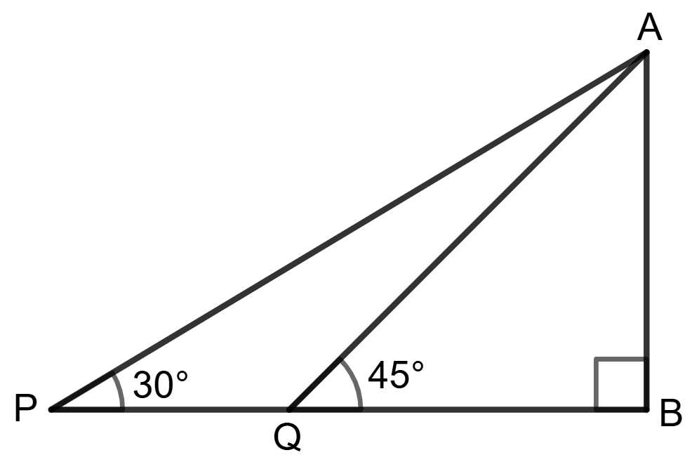 Find PQ, if AB = 150 m, ∠P = 30° and ∠Q = 45°: Solution of Right Triangles, Concise Mathematics Solutions ICSE Class 9.