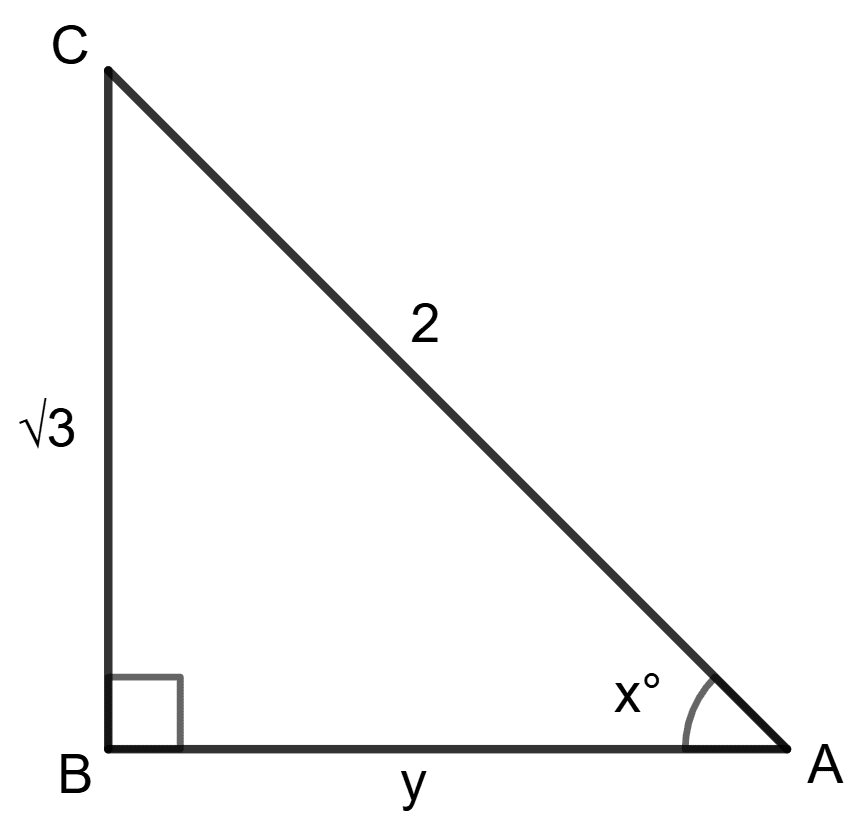 In △ ABC, ∠B = 90°, AB = y units, BC = 3 units, AC = 2 units and angle A = x°, find : Trigonometrical Ratios of Standard Angles, Concise Mathematics Solutions ICSE Class 9.