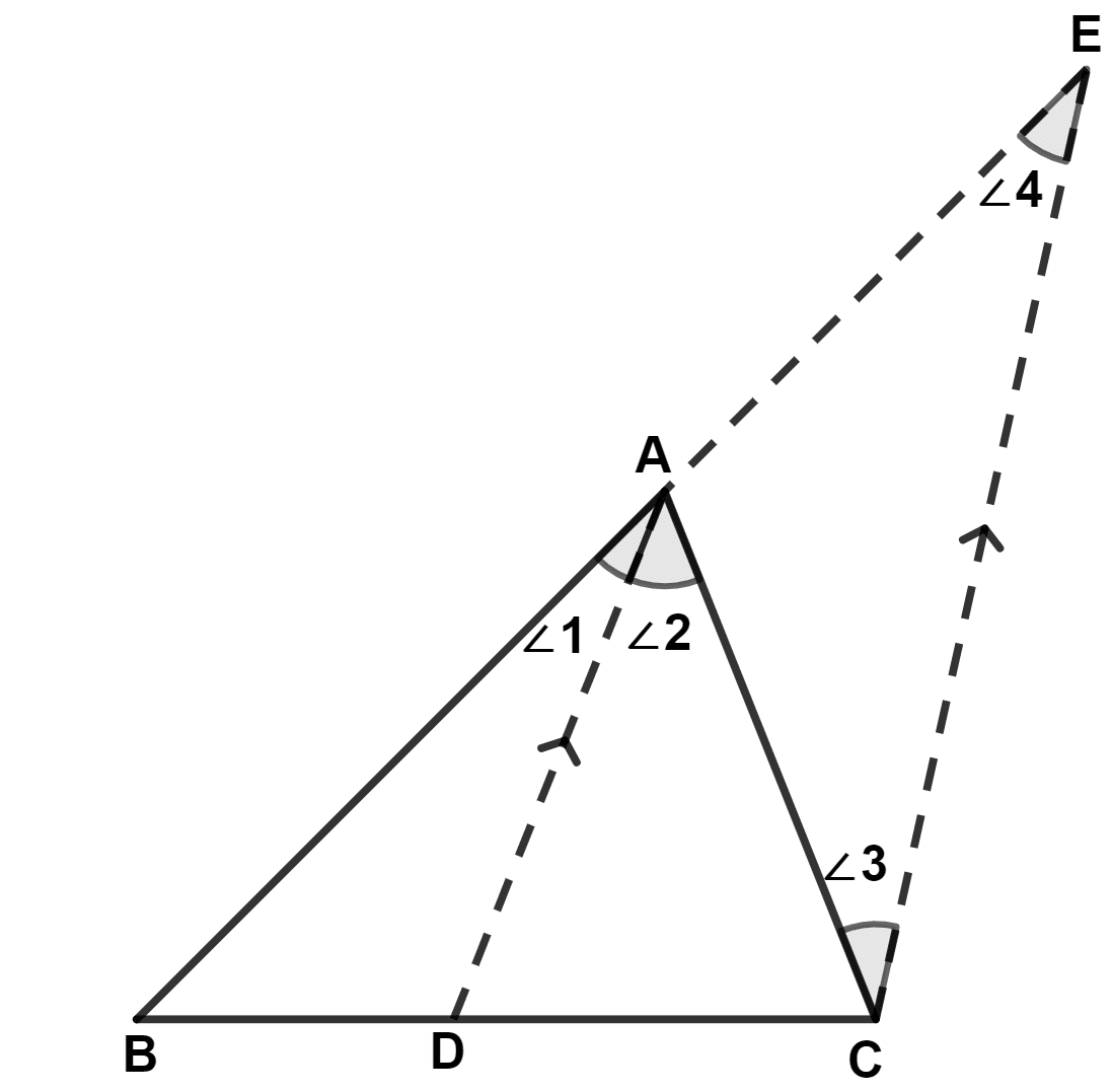 In a △ ABC, the internal bisector of angle A meets opposite side BC at point D. Through vertex C, line CE is drawn parallel to DA which meets BA produced at point E. Show that △ ACE is isosceles. Isosceles Triangles, Concise Mathematics Solutions ICSE Class 9.