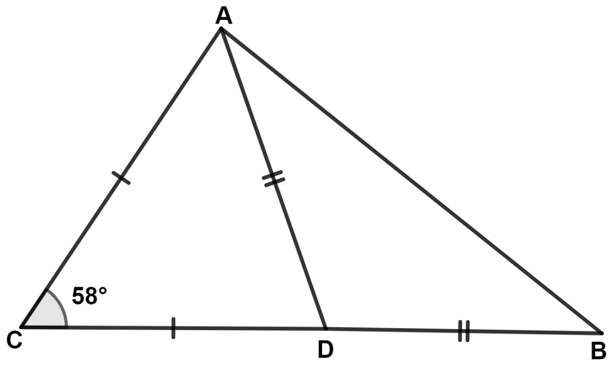 In the following figure; AC = CD, AD = BD and ∠C = 58°. Find angle CAB. Isosceles Triangles, Concise Mathematics Solutions ICSE Class 9.