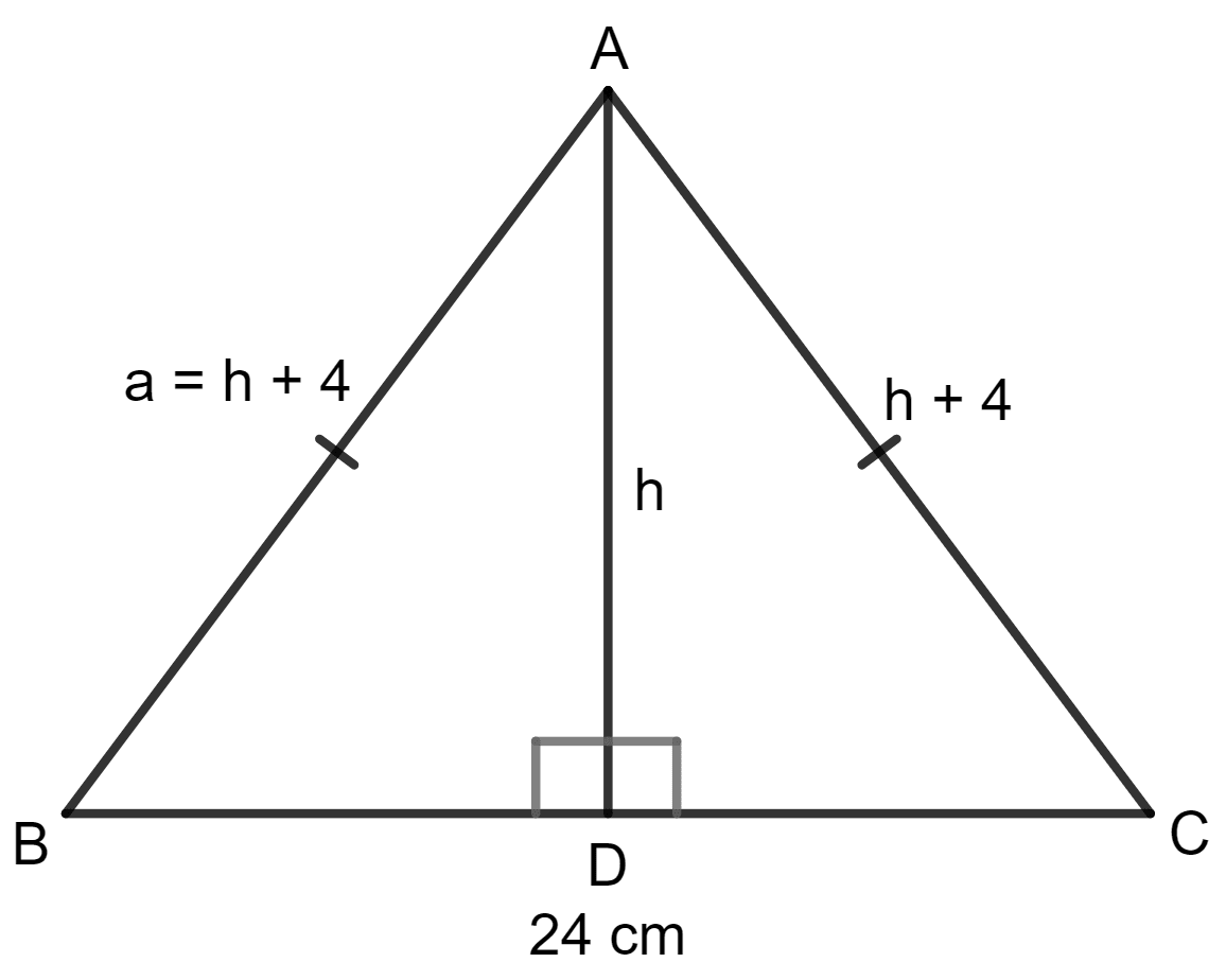 Each of equal sides of an isosceles triangle is 4 cm greater than its height. If the base of the triangle is 24 cm; calculate the perimeter and the area of the triangle. Area and Perimeter of Plane Figures, Concise Mathematics Solutions ICSE Class 9.