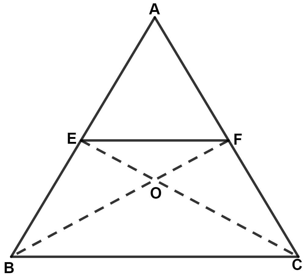 In △ ABC, E and F are mid-points of sides AB and AC respectively. If BF and CE intersect each other at point O, prove that the △ OBC and quadrilateral AEOF are equal in area. Area Theorems, Concise Mathematics Solutions ICSE Class 9.