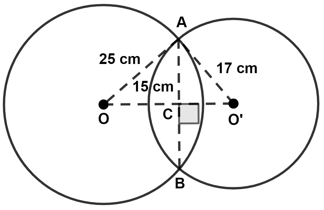 The length of common chord of two intersecting circles is 30 cm. If the diameters of these two circles be 50 cm and 34 cm, calculate the distance between their centers. Circle, Concise Mathematics Solutions ICSE Class 9.