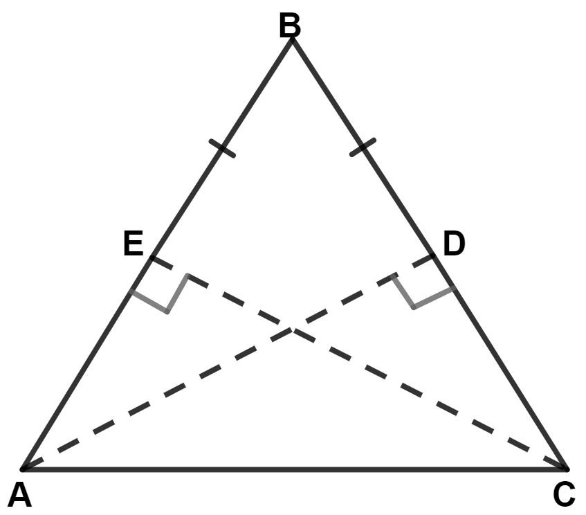 In a triangle ABC, AB = BC, AD is perpendicular to side BC and CE is perpendicular to side AB. Prove that : AD = CE. Triangles, Concise Mathematics Solutions ICSE Class 9.