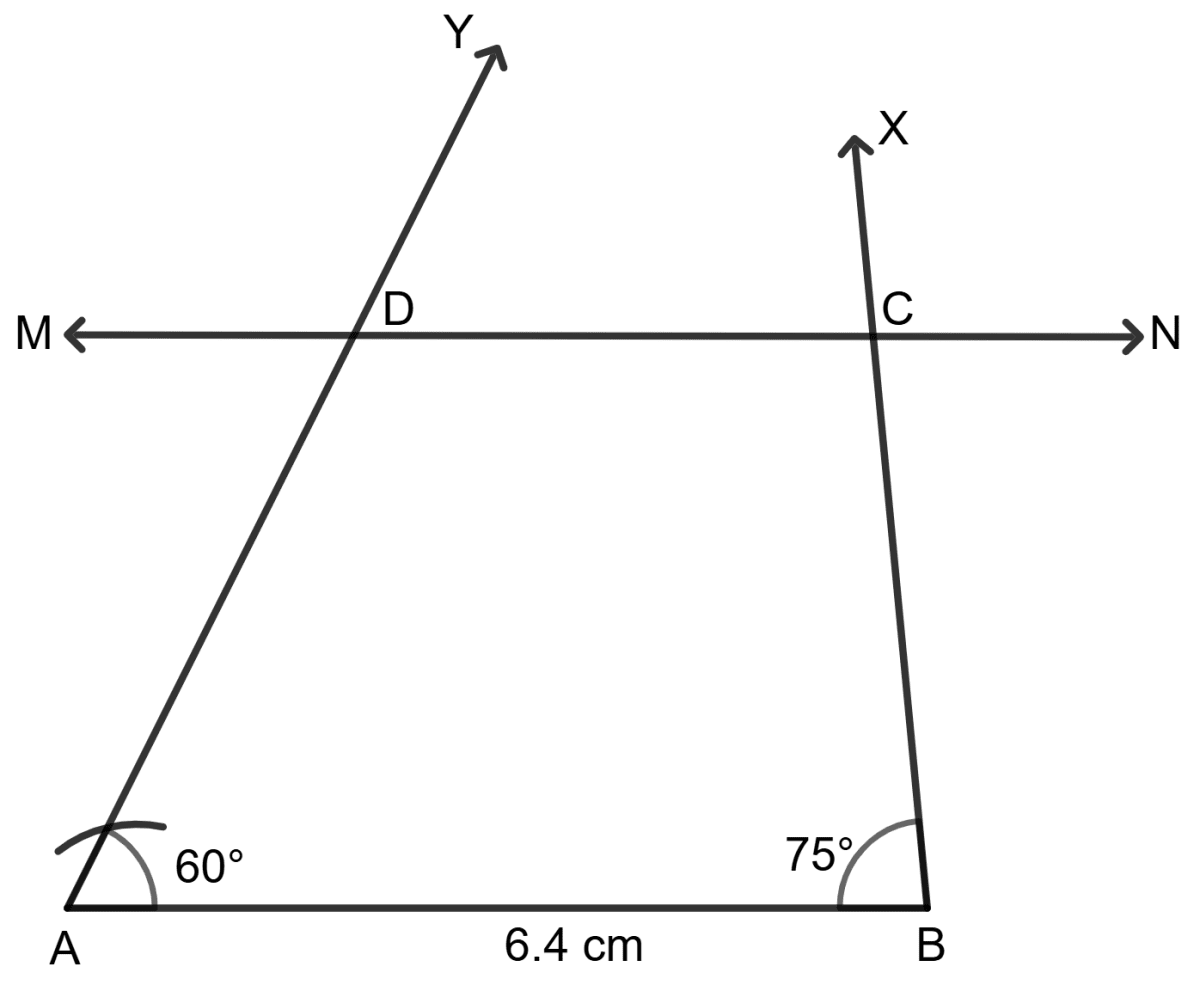 Construct a trapezium ABCD in which AB is parallel to DC, AB = 6.4 cm, ∠A = 60° and ∠B = 75°. Chapterwise Revision (Stage 1), Concise Mathematics Solutions ICSE Class 9.