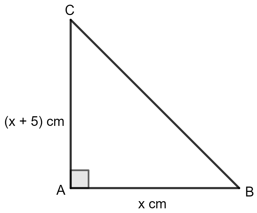 In triangle ABC; angle A = 90°, side AB = x cm, AC = (x + 5) cm and area = 150 cm<sup>2</sup>. Find the sides of the triangle. Area and Perimeter of Plane Figures, Concise Mathematics Solutions ICSE Class 9.