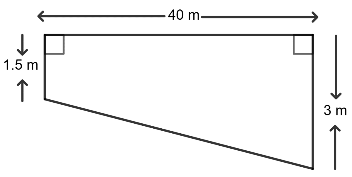 TA swimming pool is 40 m long and 15 m wide. Its shallow and deep ends are 1.5 m and 3 m deep respectively. If the bottom of the pool slopes uniformly, find the amount of water in litres required to fill the pool. Solids, Concise Mathematics Solutions ICSE Class 9.
