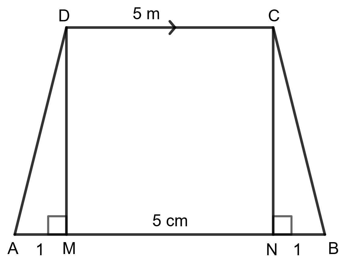 The cross-section of a tunnel perpendicular to its length is a trapezium ABCD as shown in the following figure; also given that : AM = BN; AB = 7 m; CD = 5 m. The height of the tunnel is 2.4 m. The tunnel is 40 m long. Calculate : Solids, Concise Mathematics Solutions ICSE Class 9.