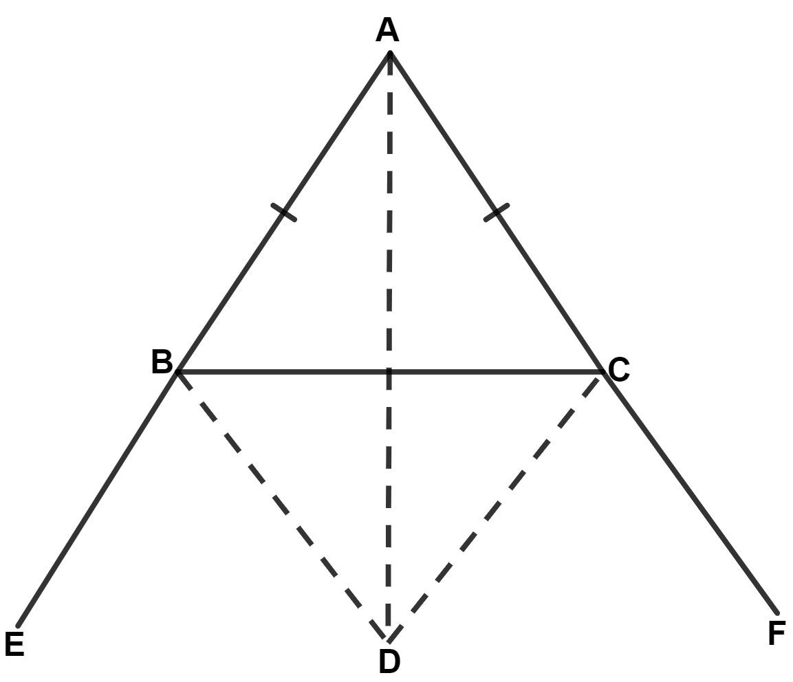 Equal sides AB and AC of an isosceles triangle ABC are produced. The bisectors of the exterior angles so formed meet at D. Prove that AD bisects angle A. Isosceles Triangles, Concise Mathematics Solutions ICSE Class 9.
