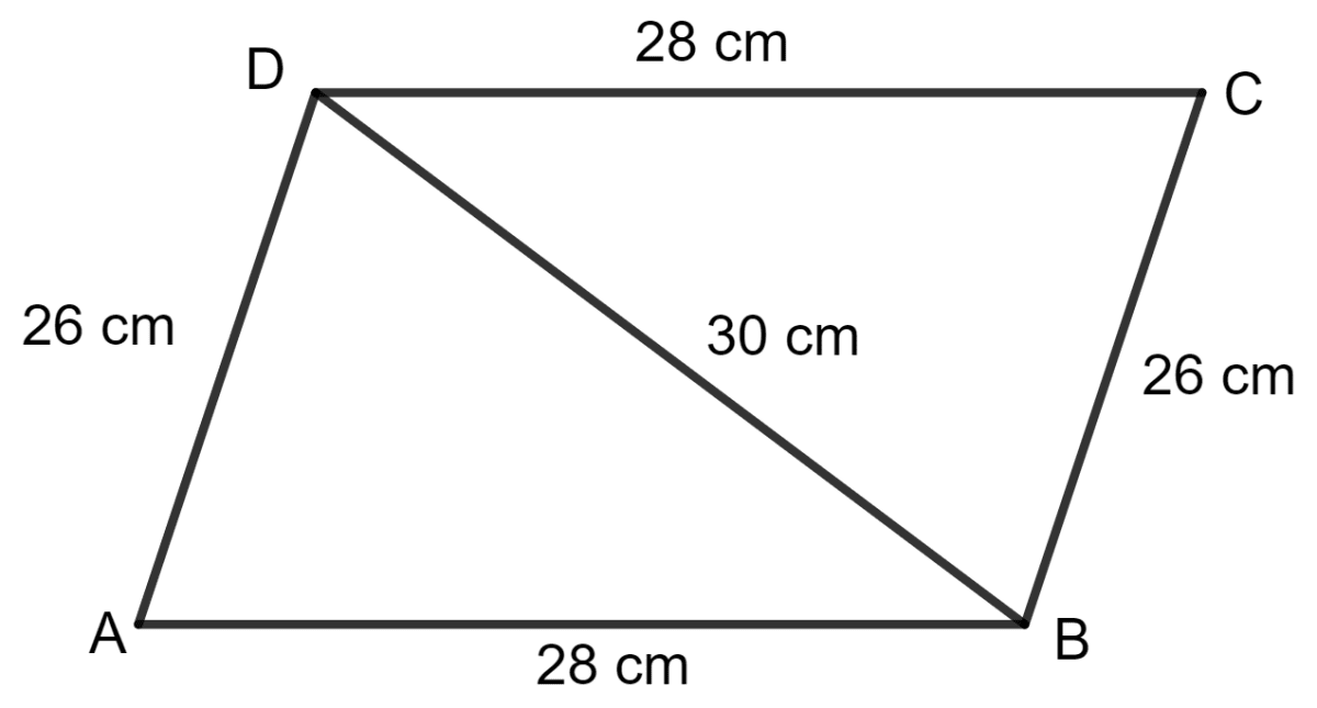 Two adjacent sides of a parallelogram are 28 cm and 26 cm. If one diagonal of it is 30 cm long; find the area of the parallelogram. Also, find the distance between its shorter sides. Area and Perimeter of Plane Figures, Concise Mathematics Solutions ICSE Class 9.
