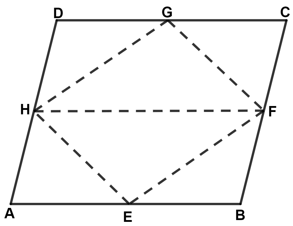 E, F, G and H are the mid-points of the sides of a parallelogram ABCD. Show that area of quadrilateral EFGH is half of the area of parallelogram ABCD. Area Theorems, Concise Mathematics Solutions ICSE Class 9.