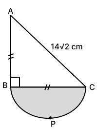 In the given figure, AB = BC, ∠ABC = 90°, AC = 14 √2 cm and BPC (shaded portion) is semi-circle. If π = 22/7, the area of shaded portion is : Area and Perimeter of Plane Figures, Concise Mathematics Solutions ICSE Class 9.