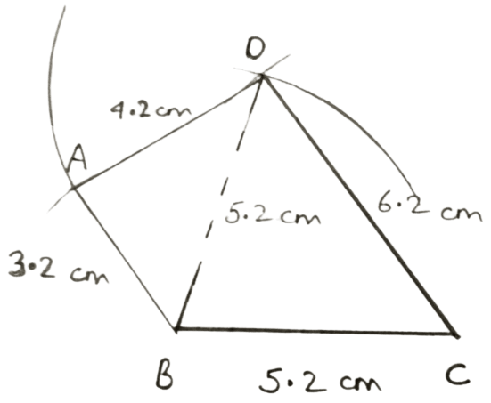 AB = 3.2 cm, BC = 5.2 cm, CD = 6.2 cm, DA = 4.2 cm and BD = 5.2 cm. Construction of Polygons, Concise Mathematics Solutions ICSE Class 9.
