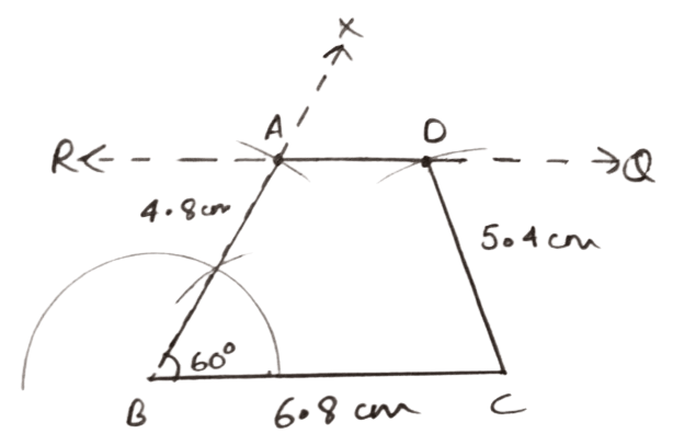 AB = 4.8 cm, BC = 6.8 cm, CD = 5.4 cm, angle B = 60° and AD // BC. Construction of Polygons, Concise Mathematics Solutions ICSE Class 9.