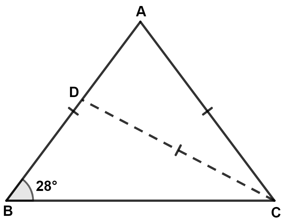 In triangle ABC, D is a point in AB such that AC = CD = DB. If ∠B = 28°, find the angle ACD. Isosceles Triangles, Concise Mathematics Solutions ICSE Class 9.