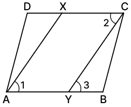 ABCD is a parallelogram. AX is bisector of ∠A, CY is bisector of ∠C. Then quadrilateral AXCY is also a parallelogram. Assertion Reasoning, Concise Mathematics Solutions ICSE Class 9.