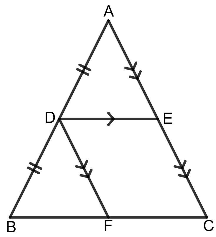 In the given figure, D is mid-point of AB, DE//BC and DF//AC. Prove that DE = BF. Chapterwise Revision (Stage 2), Concise Mathematics Solutions ICSE Class 9.