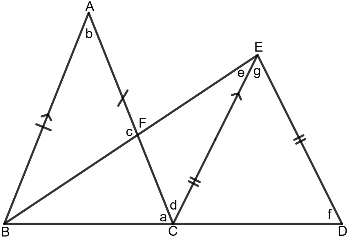 In the following figure, AB = AC, EC = ED, ∠ABF = 45° and ∠ABC = 70°. Chapterwise Revision (Stage 2), Concise Mathematics Solutions ICSE Class 9.