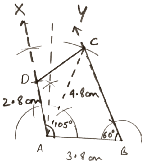 AB = 3.8 cm, AC = 4.8 cm, AD = 2.8 cm, angle A = 105° and angle B = 60°. Construction of Polygons, Concise Mathematics Solutions ICSE Class 9.