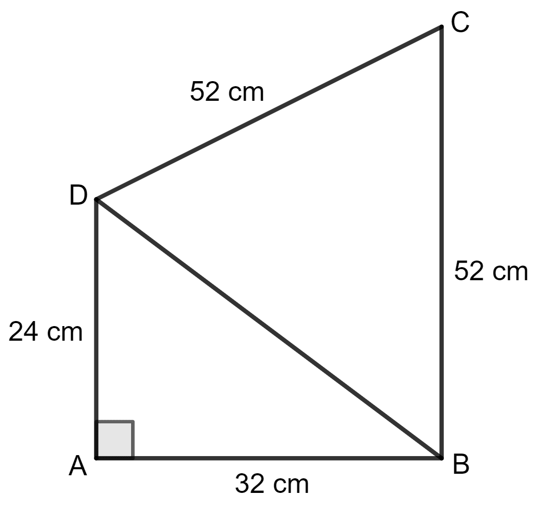 Calculate the area of quadrilateral ABCD in which AB = 32 cm, AD = 24 cm, ∠A = 90° and BC = CD = 52 cm. Area and Perimeter of Plane Figures, Concise Mathematics Solutions ICSE Class 9.