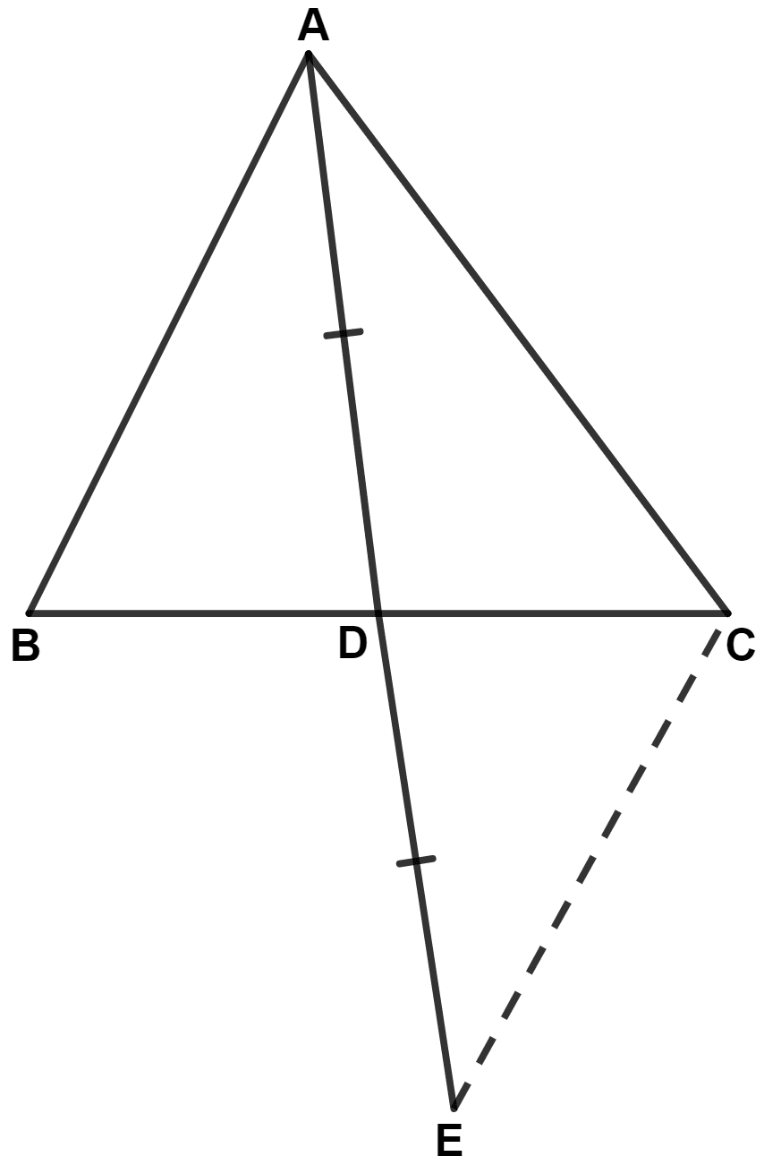 In a triangle ABC, D is mid-point of BC; AD is produced upto E, so that DE = AD. Prove that : Triangles, Concise Mathematics Solutions ICSE Class 9.