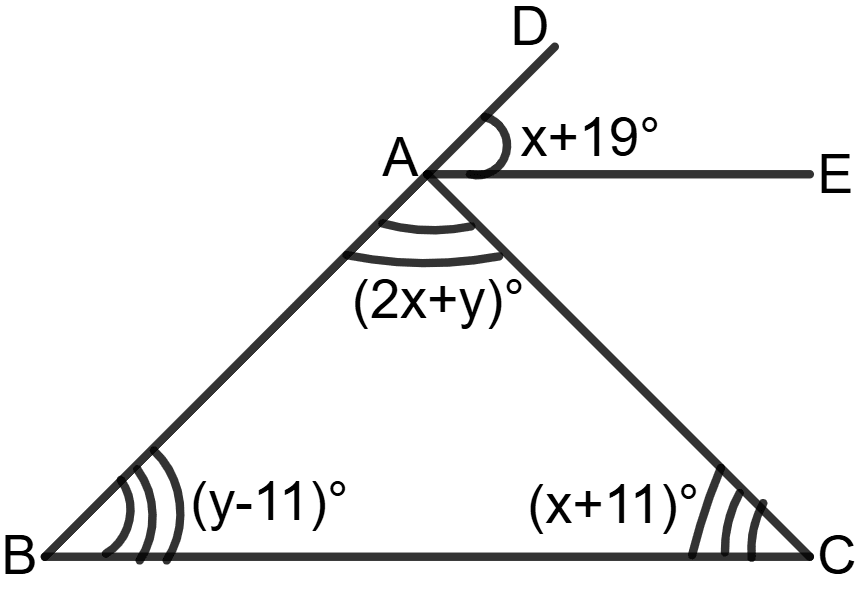 In the following figure, AE//BC. Find values of x and y. Chapterwise Revision (Stage 2), Concise Mathematics Solutions ICSE Class 9.