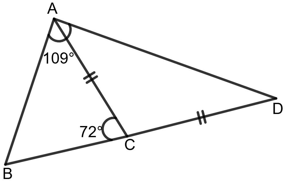 The side BC of a triangle ABC is produced to D so that CD = AC. If the angle BAD = 109° and the angle ACB = 72°, prove that BD is greater than AD. Chapterwise Revision (Stage 2), Concise Mathematics Solutions ICSE Class 9.