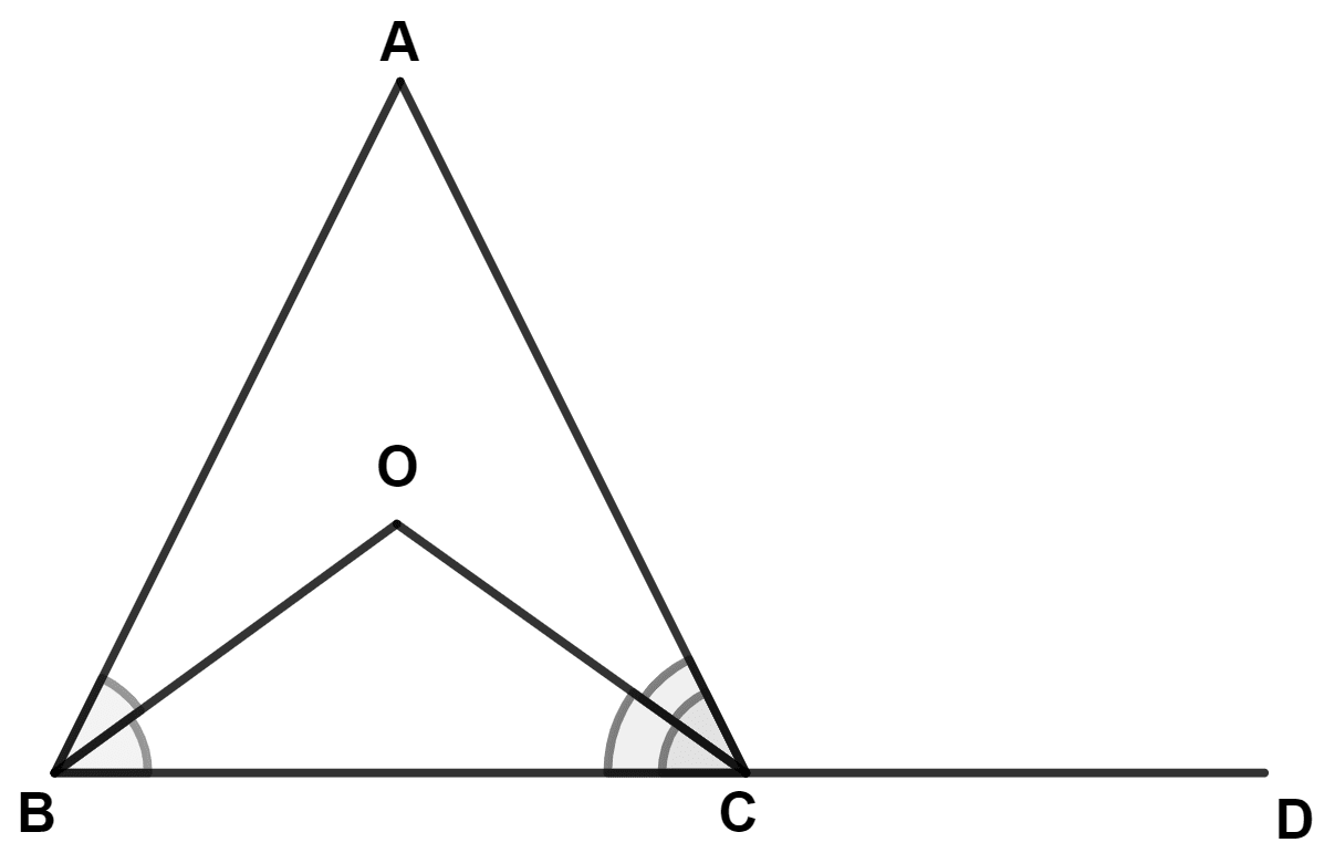 In the figure, given below, AB = AC. Prove that : ∠BOC = ∠ACD. Isosceles Triangles, Concise Mathematics Solutions ICSE Class 9.