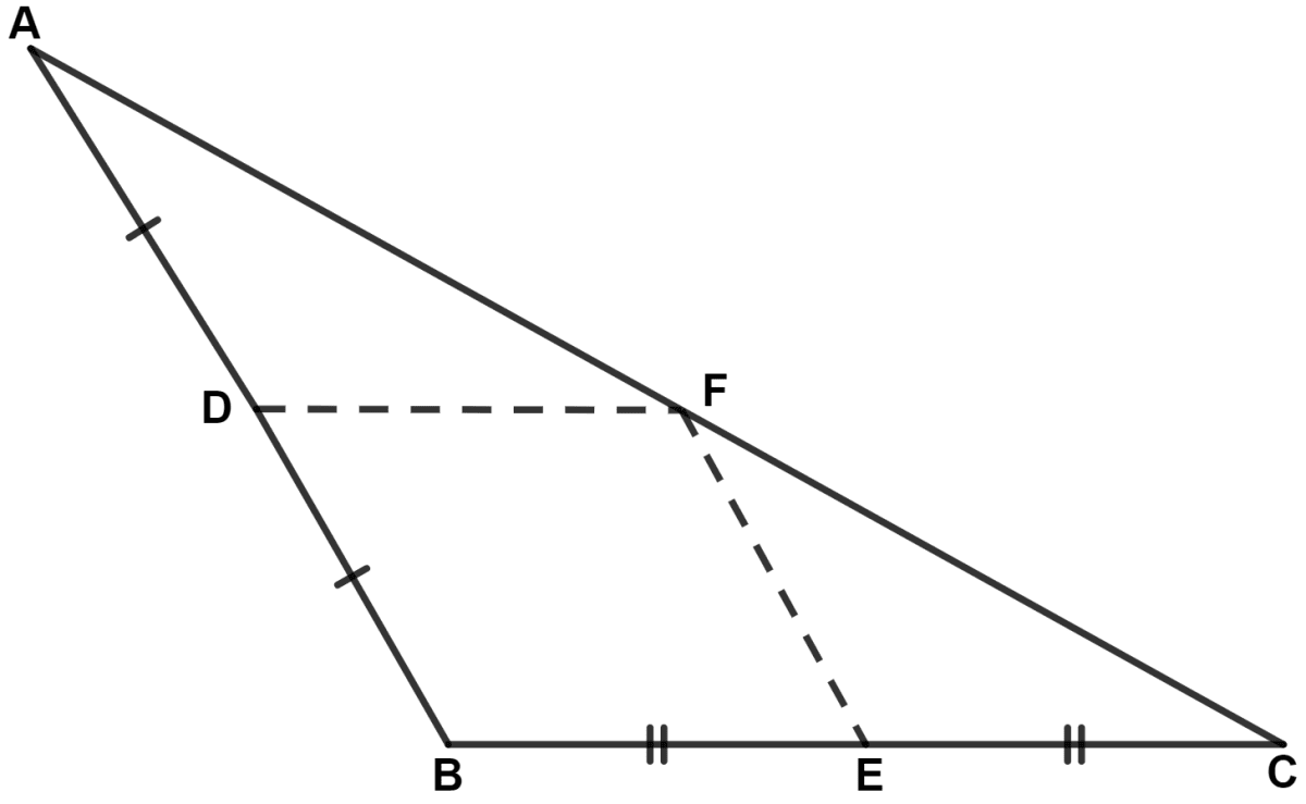 In triangle ABC, angle B is obtuse. D and E are mid-points of sides AB and BC respectively and F is a point on side AC such that EF is parallel to AB. Show that BEFD is a parallelogram. Mid-point Theorem, Concise Mathematics Solutions ICSE Class 9.