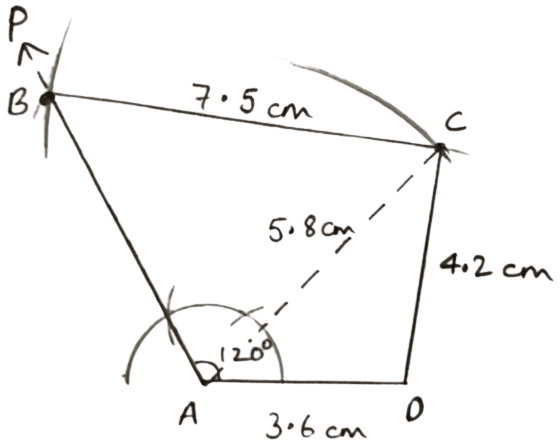 BC = 7.5 cm, AC = 5.8 cm, AD = 3.6 cm, CD = 4.2 cm and angle A = 120°. Construction of Polygons, Concise Mathematics Solutions ICSE Class 9.