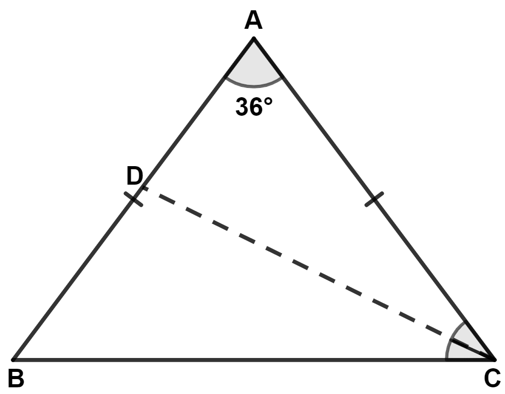 In a triangle ABC, AB = AC and ∠A = 36°. If the internal bisector of ∠C meets AB at point D, prove that AD = BC. Isosceles Triangles, Concise Mathematics Solutions ICSE Class 9.