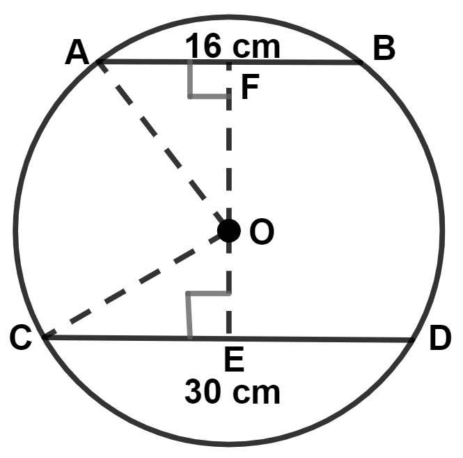 In a circle of radius 17 cm, two parallel chords of lengths 30 cm and 16 cm are drawn. Find the distance between the chords, if both the chords are : Circle, Concise Mathematics Solutions ICSE Class 9.