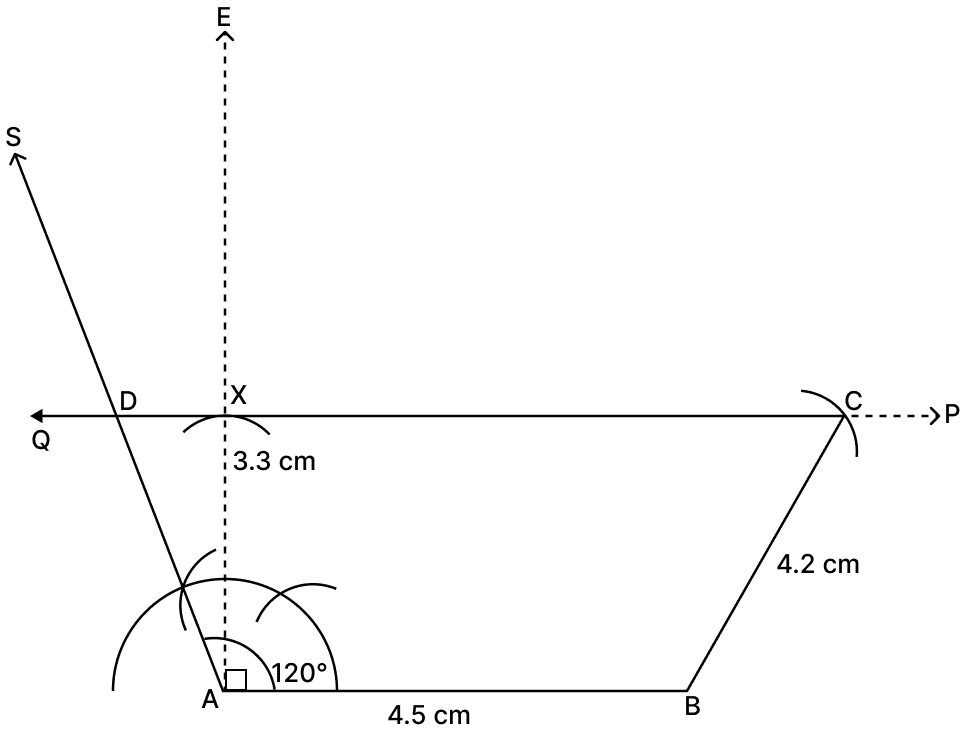 Using ruler and compasses only, construct a trapezium ABCD, in which the parallel sides AB and DC are 3.3 cm apart; AB = 4.5 cm, angle A = 120°, BC = 4.2 cm and angle B is obtuse. Construction , Concise Mathematics Solutions ICSE Class 9.