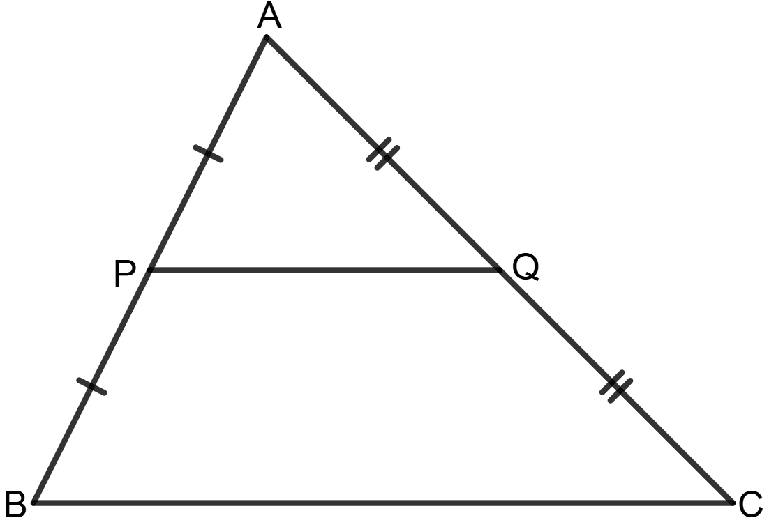 In triangle ABC, P is mid-point of AB and Q is mid-point of AC. If AB = 9.6 cm, BC = 11 cm and AC = 11.2 cm; find the perimeter of the trapezium PBCQ. Chapterwise Revision (Stage 2), Concise Mathematics Solutions ICSE Class 9.