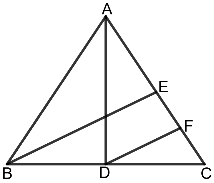 In a scalene triangle ABC, AD and BE are medians. F is a point on AC so that DF//BE. Show that AC = 4 x EF. Chapterwise Revision (Stage 2), Concise Mathematics Solutions ICSE Class 9.