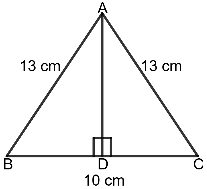 ABC is an isosceles triangle with AB = AC = 13 cm and BC = 10 cm. Calculate the length of the perpendicular from A to BC. Chapterwise Revision (Stage 2), Concise Mathematics Solutions ICSE Class 9.